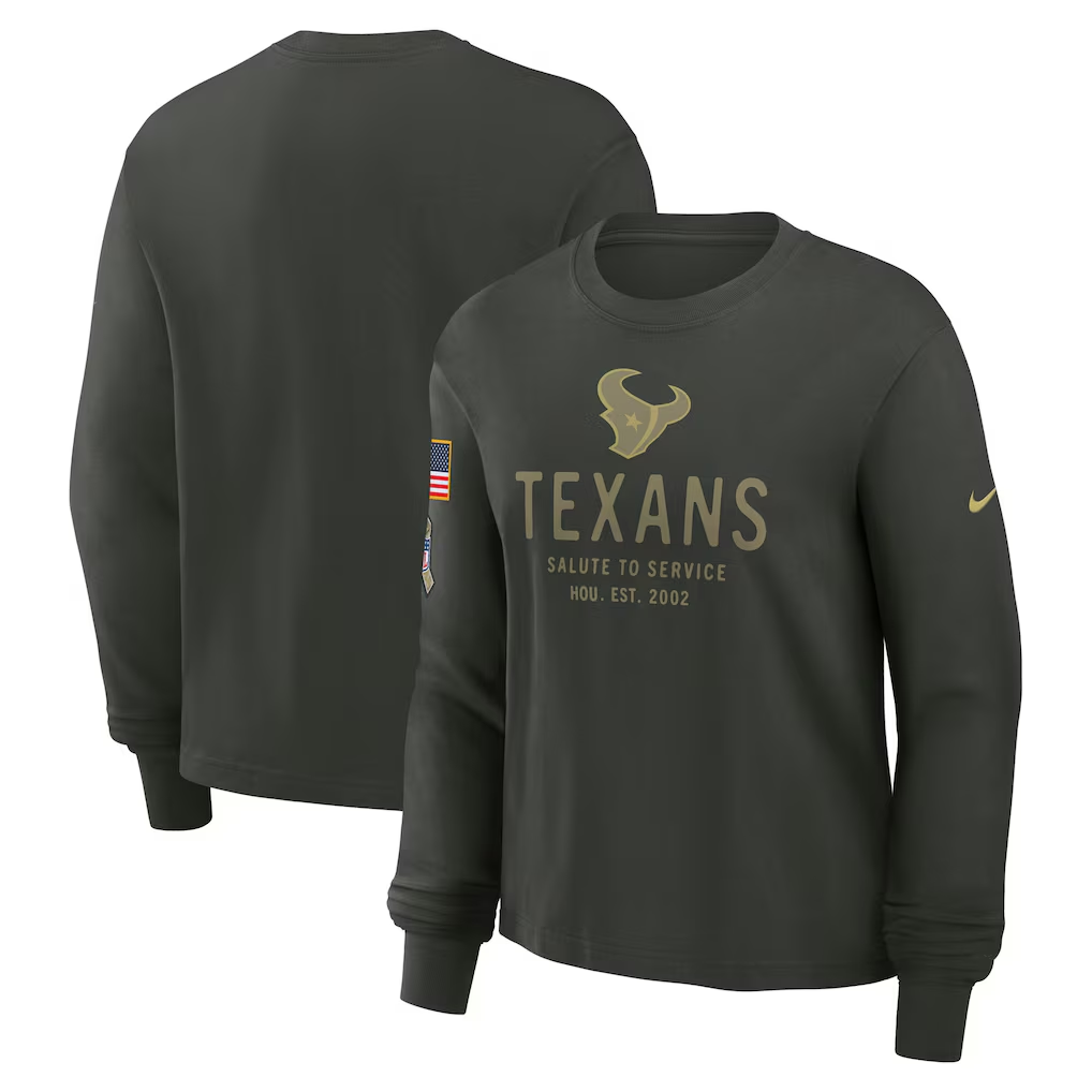 Men's Houston Texans Dark Green 2025 Salute to Service Sideline Dri-FIT Long Sleeve T-Shirt Men's Houston Texans Dark Green 2025 Salute to Service Sideline Dri-FIT Long Sleeve T-Shirt